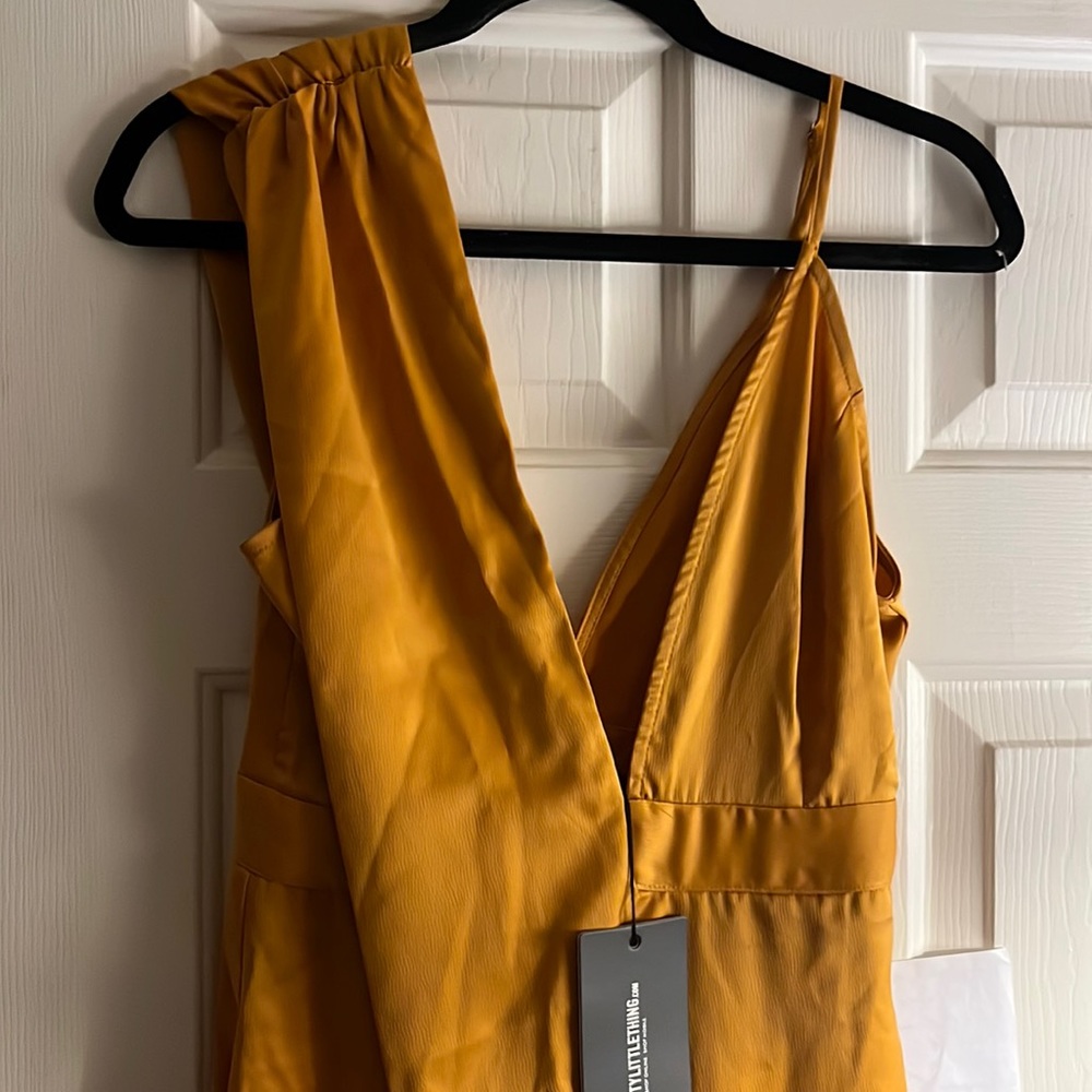 Mustard asymmetric drape maxi dress.